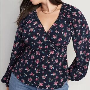 💥 Old Navy Puff Sleeve Floral Roses Smocked Wrap Blouse